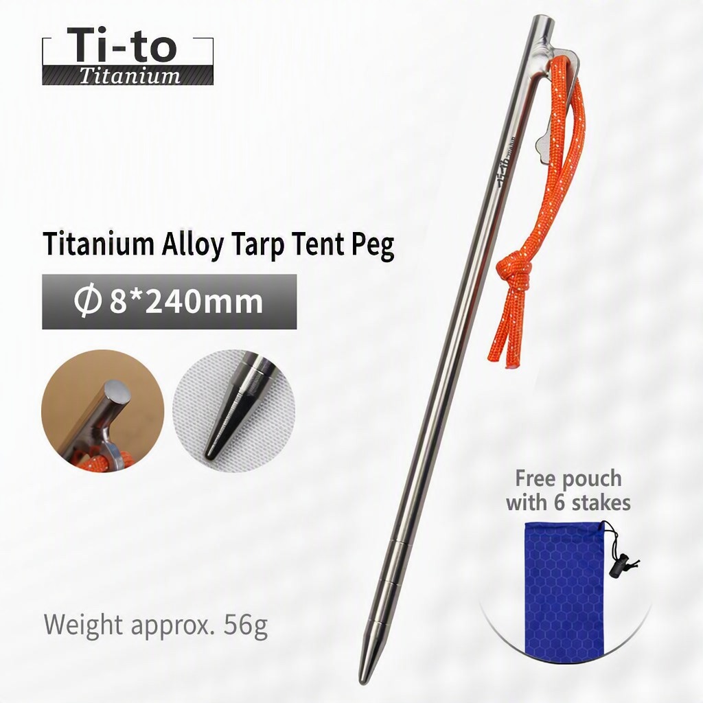 Titanium tent stakes with 8 mm round pin, 240 mm, from LeafCovenant