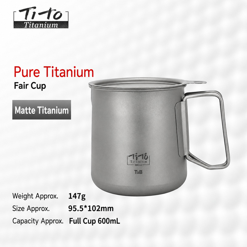 Grade 1 titanium 600 ml camping mug with a folding handle, 147 g