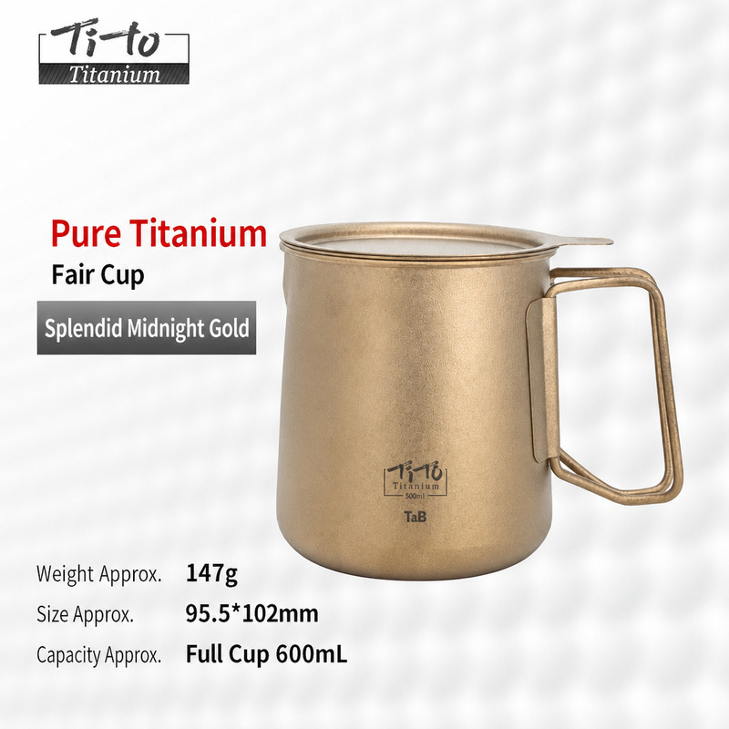 Midnight Gold Titanium Fairness Cup 600ml Foldable Handle for Bushcraft Cook Sets Tea Room Cabinets and Forage Walk Brews