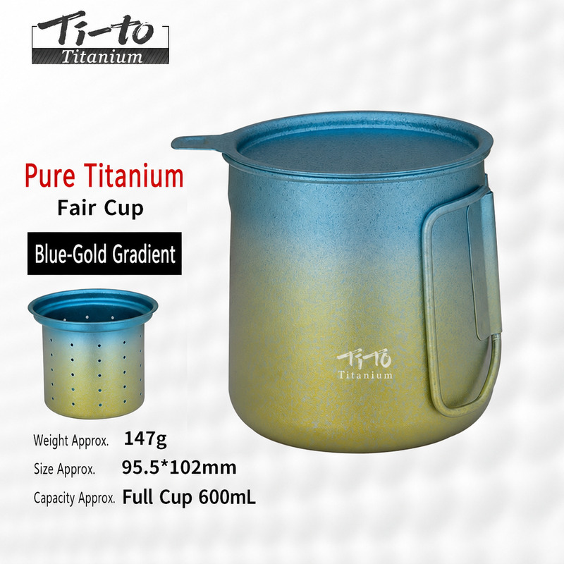 Anodized blue-gold titanium 600 ml tea server with strainer basket