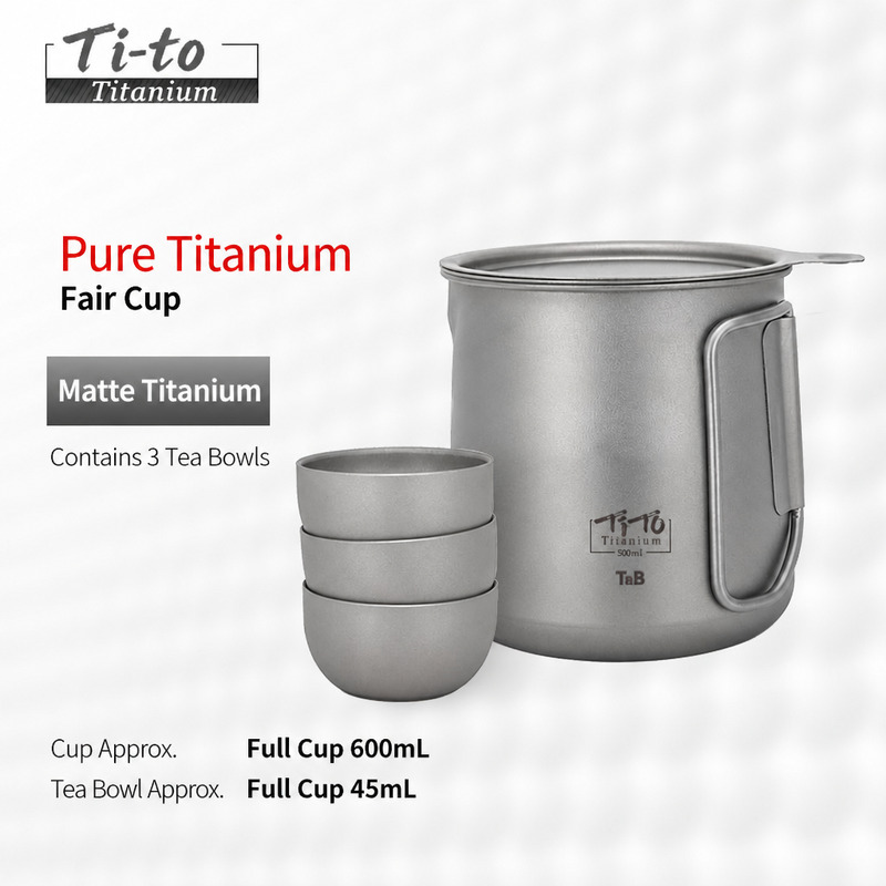 Matte Titanium Fairness Pitcher 600ml with Three 45ml Tea Bowl Kit for Ski Touring Tea Breaks and Lake Pontoon Brews