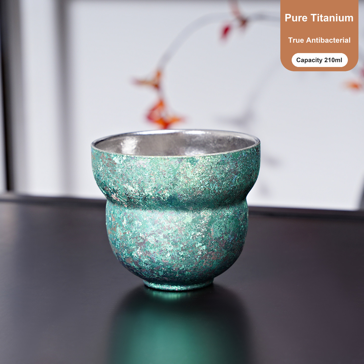 Pure Titanium Peanut Cup 210ml Green Crystal Finish with Bare Interior for Specialty Tea Importers and Tea Blending Studios