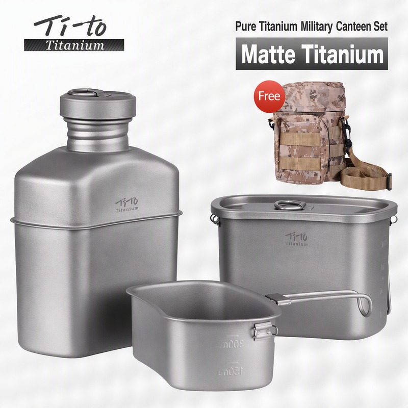 Titanium Military Canteen Mess Tin Set Matte Finish Tactical Bushcraft Cookware for Bug Out Bags and Basecamp Field Kitchens