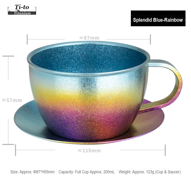 Titanium Coffee Cup and Saucer Set 200ml Blue Rim Spectrum Fade with Spoon for Independent Bookshops and Boutique Cinema Bars