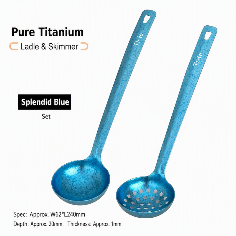 Glacier Blue Titanium Soup Spoon and Drainer Duo for Coastal Delis Beach Cookouts Clam Shacks and Seaside Holiday Cottages