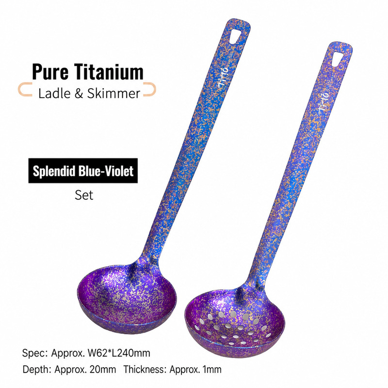 Violet Frost Titanium Soup Ladle and Slotted Spoon for Fall Foliage Road Trips Renaissance Fairs and Craft Fair Food Stalls