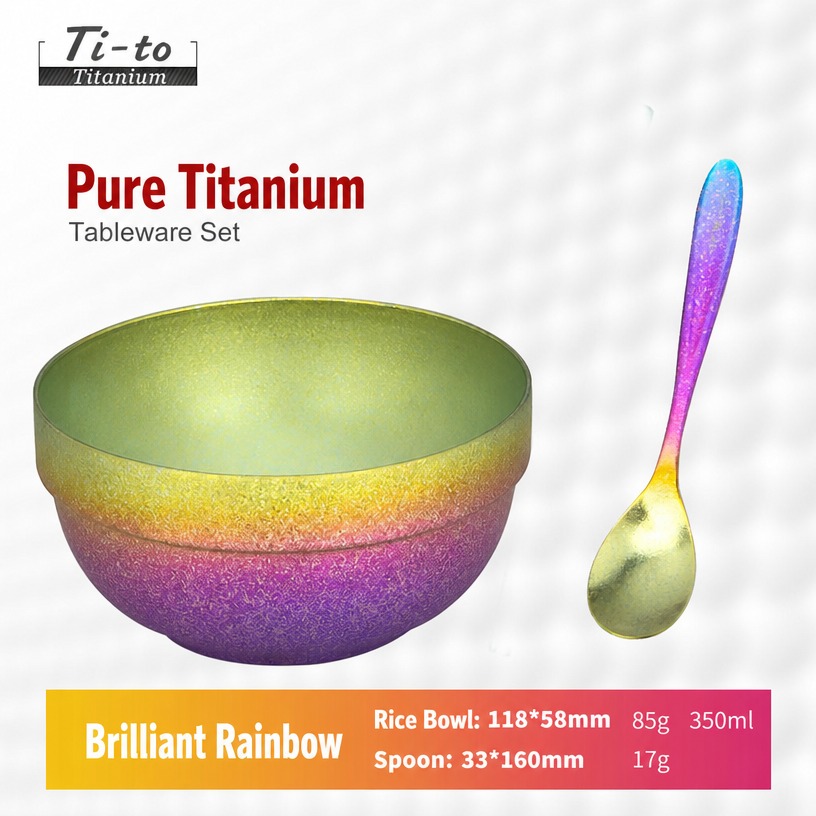 Rainbow gradient anodized titanium rice bowl set with spoon and chopsticks