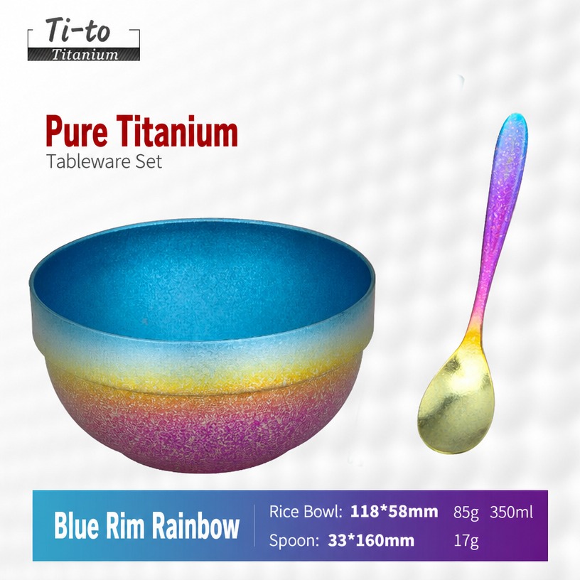 Blue Rim Rainbow Titanium Bowl Spoon Set 350ml For Office Break Room Lunches