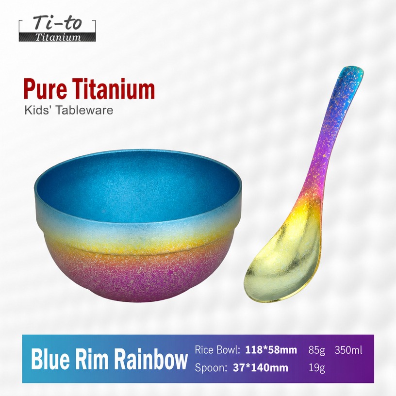 Titanium Bowl Soup Spoon Set 350ml Blue Rim For Picky Eaters Meal Routines