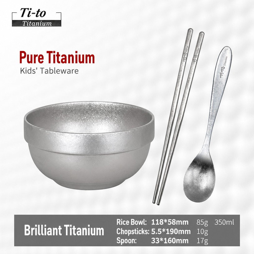 Titanium Bowl Spoon Chopsticks Set 350ml Short 190mm For First Chopstick Learners