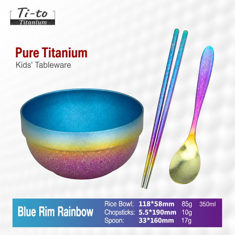 Blue Rim Rainbow Titanium Bowl Spoon Chopsticks Set 350ml For Montessori Meal Time