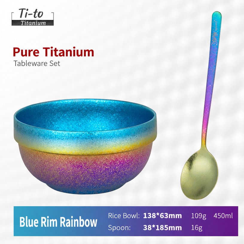Blue Rim Titanium Rice Bowl Korean Spoon Set 450ml For Late Night Ramyun Meals