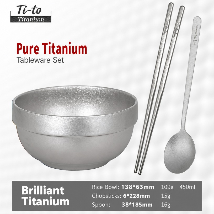 Titanium Rice Bowl Korean Spoon Chopsticks Set 450ml Full Size For Adult Dining Meals