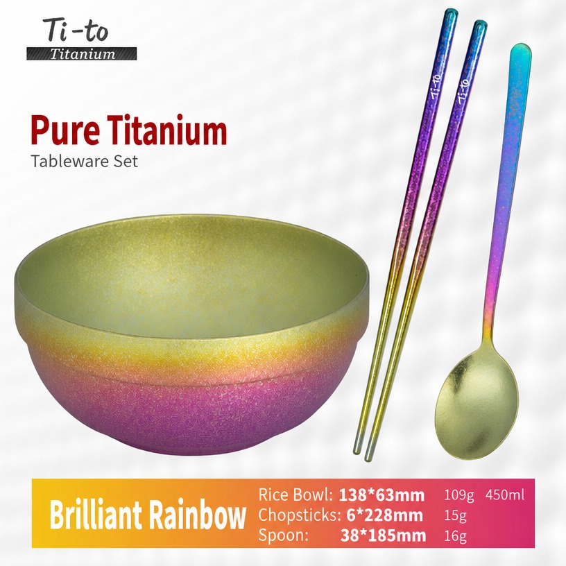 Rainbow Titanium Rice Bowl Korean Long Spoon Chopsticks Set 450ml For Big Family Reunion Dinner Nights