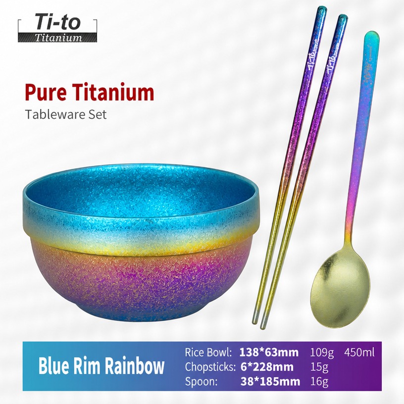 Blue Rim Titanium Rice Bowl Korean Spoon Chopsticks Set 450ml 228mm For Naengmyeon Cold Noodle Summer Meals