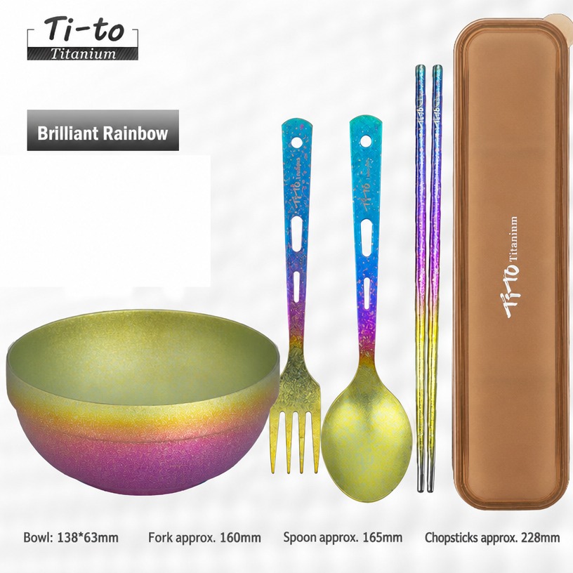 Cased titanium cutlery set with a 138 mm bowl, 160 mm fork, 165 mm spoon and 228 mm chopsticks