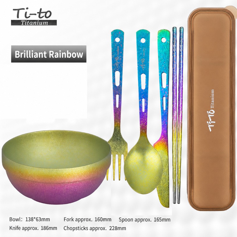 Rainbow Titanium Cutlery Set 6 Piece Cutout Knife Fork Spoon Bowl Chopsticks Hard Case For Backyard Steak Nights