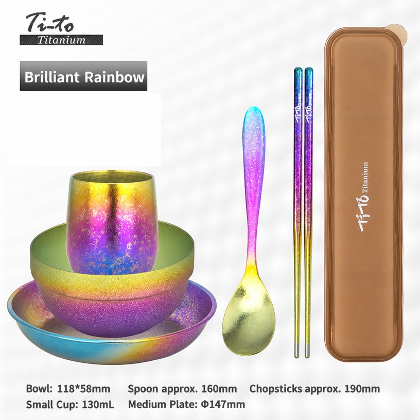 Rainbow anodized titanium children's tableware set with 118 mm bowl, 147 mm plate, 130 ml cup and 190 mm chopsticks