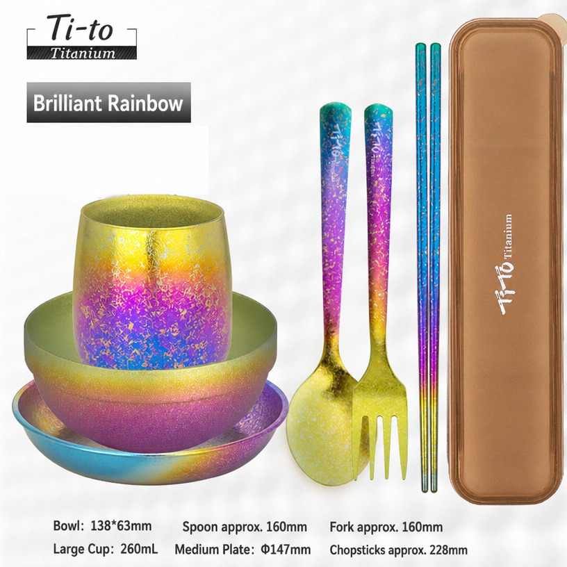 Rainbow Titanium Tableware Set 6 Piece With Square Handle Spoon Fork And Chopsticks For Pasta Salad Dinners