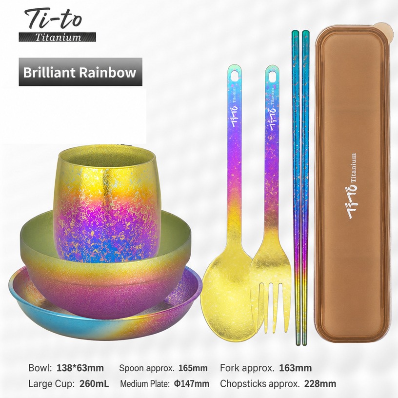 Rainbow Titanium Tableware Set 6 Piece Bowl Cup Plate Chopsticks Thick 1.5mm Straight Spoon Fork Box For Grill Dinners