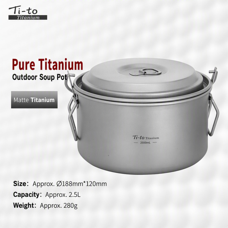 Titanium 2.5L Large Outdoor Soup Pot Set with Folding Handles for Solo Camping Overnight Rides and Trailhead Camp Lunches