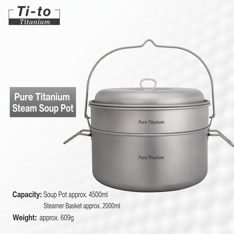 Pure titanium 4.5 litre steamer pot and basket, the coastal camp steamer listed for steamed blue mussels
