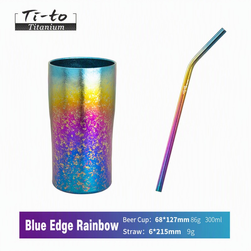Grade 1 titanium 450 ml tumbler with straw in an Ice-flower blue-rim rainbow anodised finish