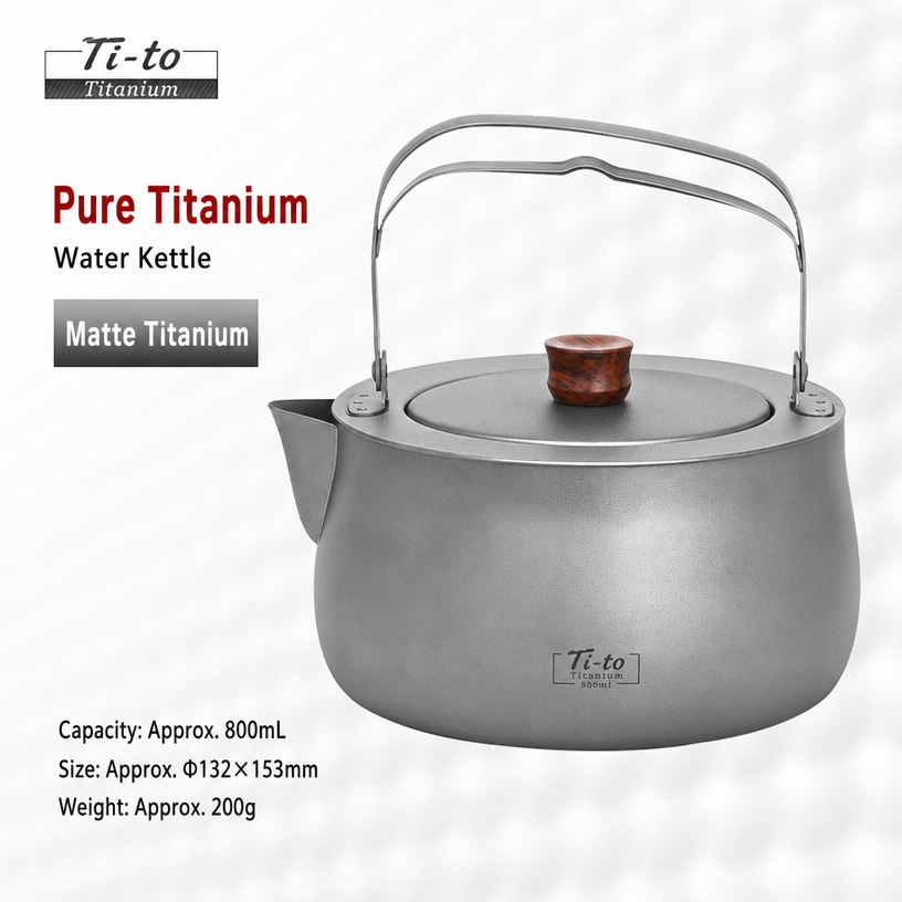 Sandblasted titanium 800 ml kettle with wooden knob lid, 200 g
