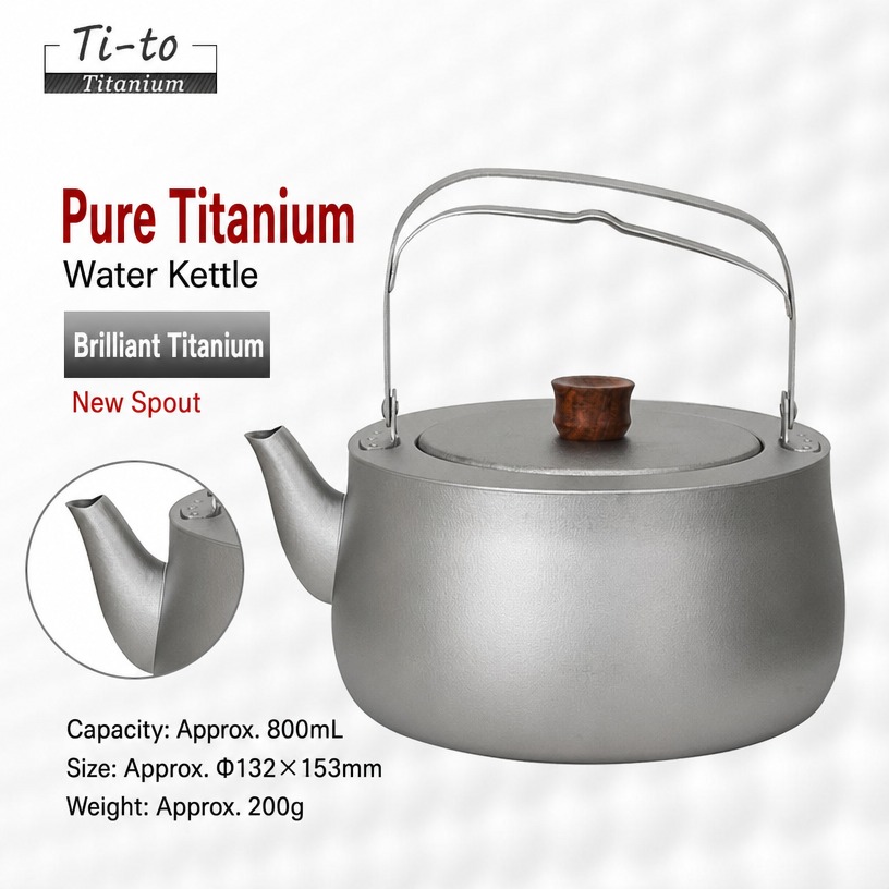 Titanium Kettle 800Ml Crystalline Curved Spout Wood Lid For RV Camping Boiling Water