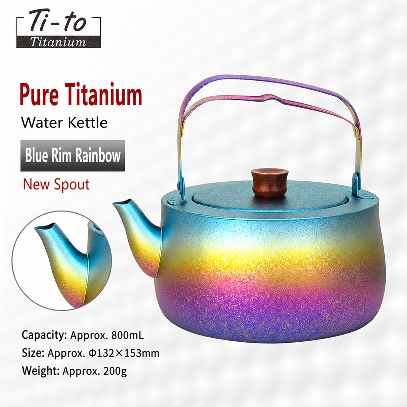 Titanium Kettle 800Ml Blue Rim Curved Spout Wood Lid For Ski Cabin Boiling