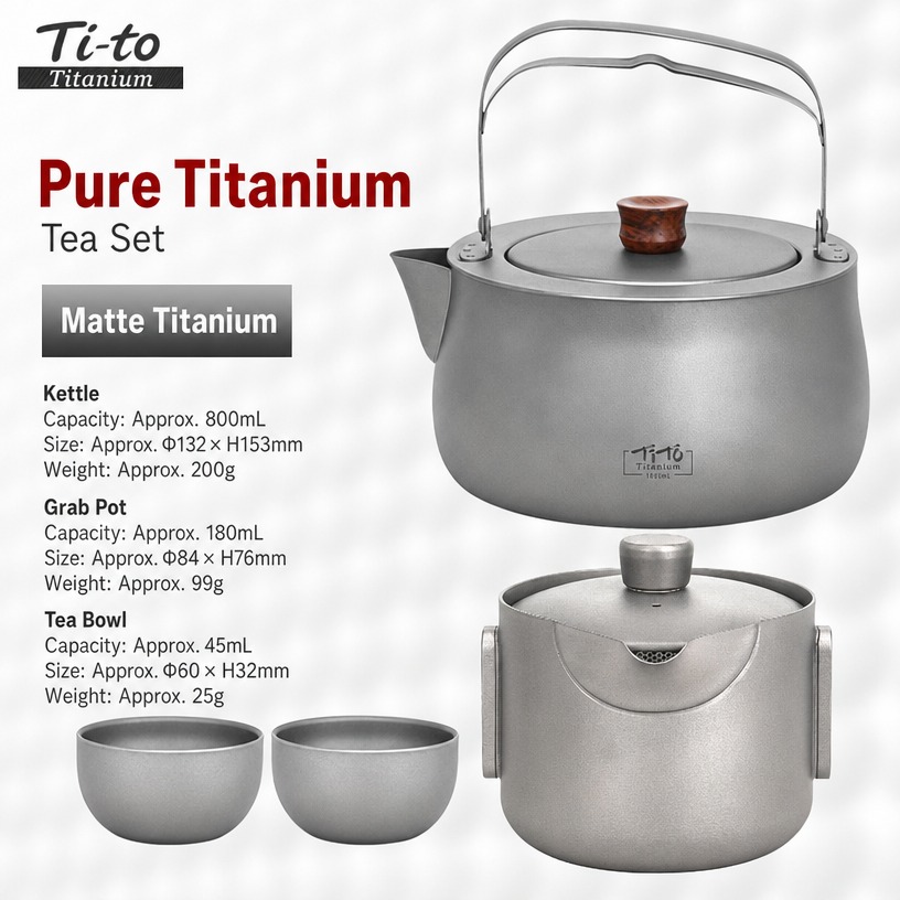 Titanium Travel Tea Set 800Ml Kettle Grab Pot 2 Bowls Matte For Backpacking