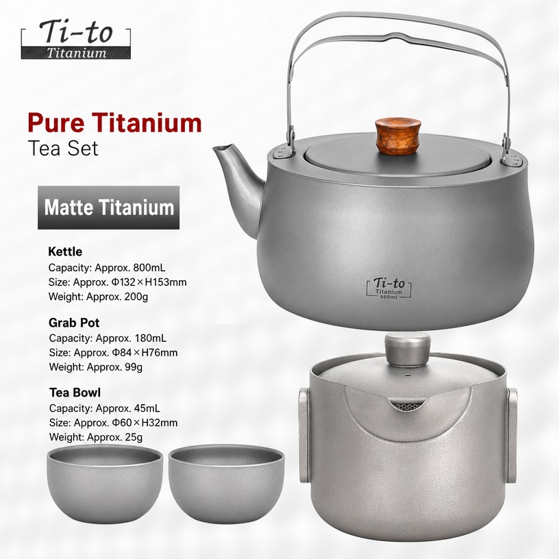 Titanium Portable Tea Set Curved Spout 800Ml Kettle Grab Pot For Motorcycle Touring