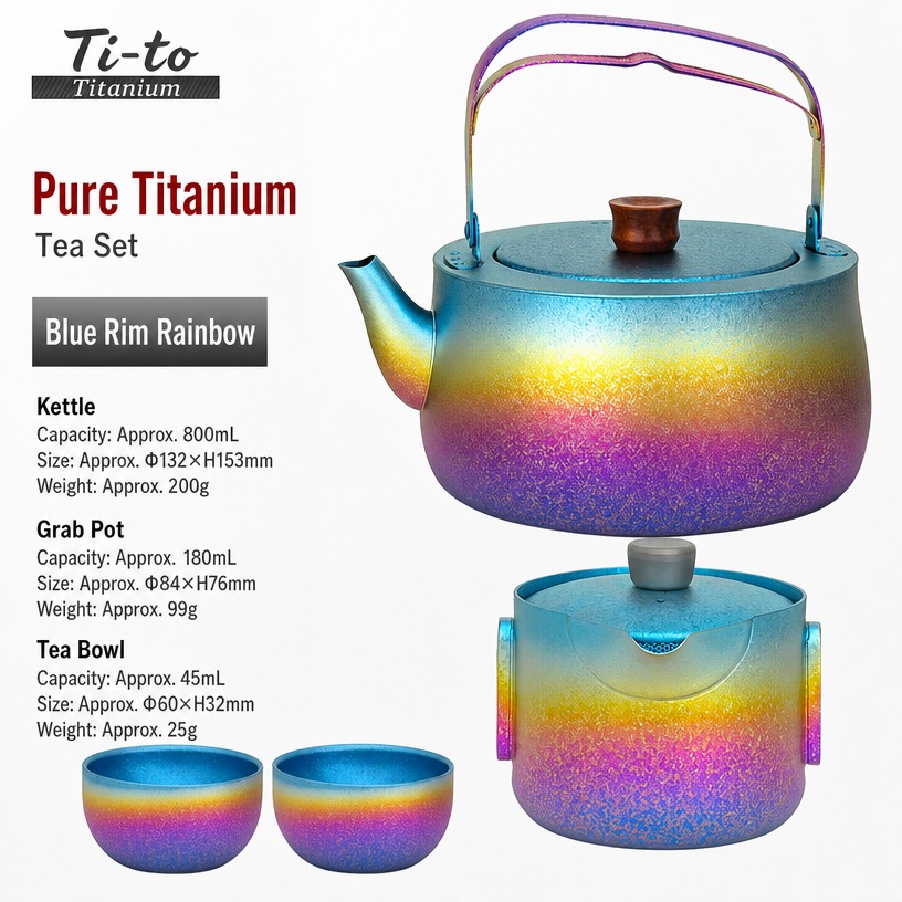 Titanium Tea Brewing Set Blue Rim Curved Spout 800Ml Kettle For Sea Angling