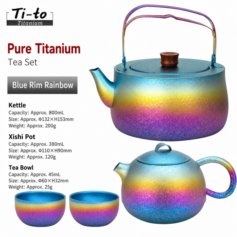 Titanium Xishi Teapot Set Blue Rim Curved Spout 800Ml Pot For Cold Brew Tea