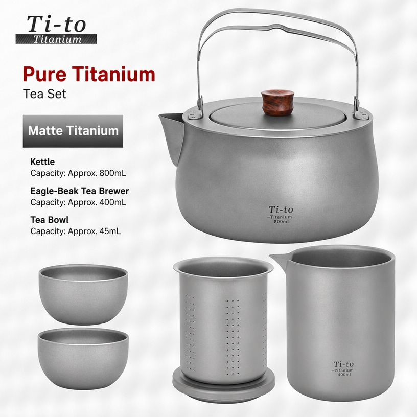 Matte titanium tea tumbler set with an 800 ml kettle and a 400 ml eagle beak brewer, listed in the range for picnics