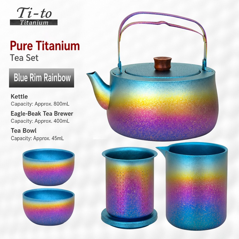 Titanium Chinese Tea Set Blue Rim 800Ml Kettle Eagle Beak For Weekend Tea