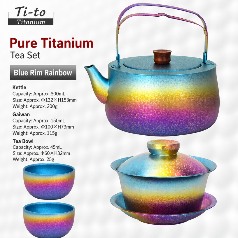 Titanium Tea Set Blue Rim Curved Spout 800Ml Kettle Gaiwan For Luxury Gift Retailing