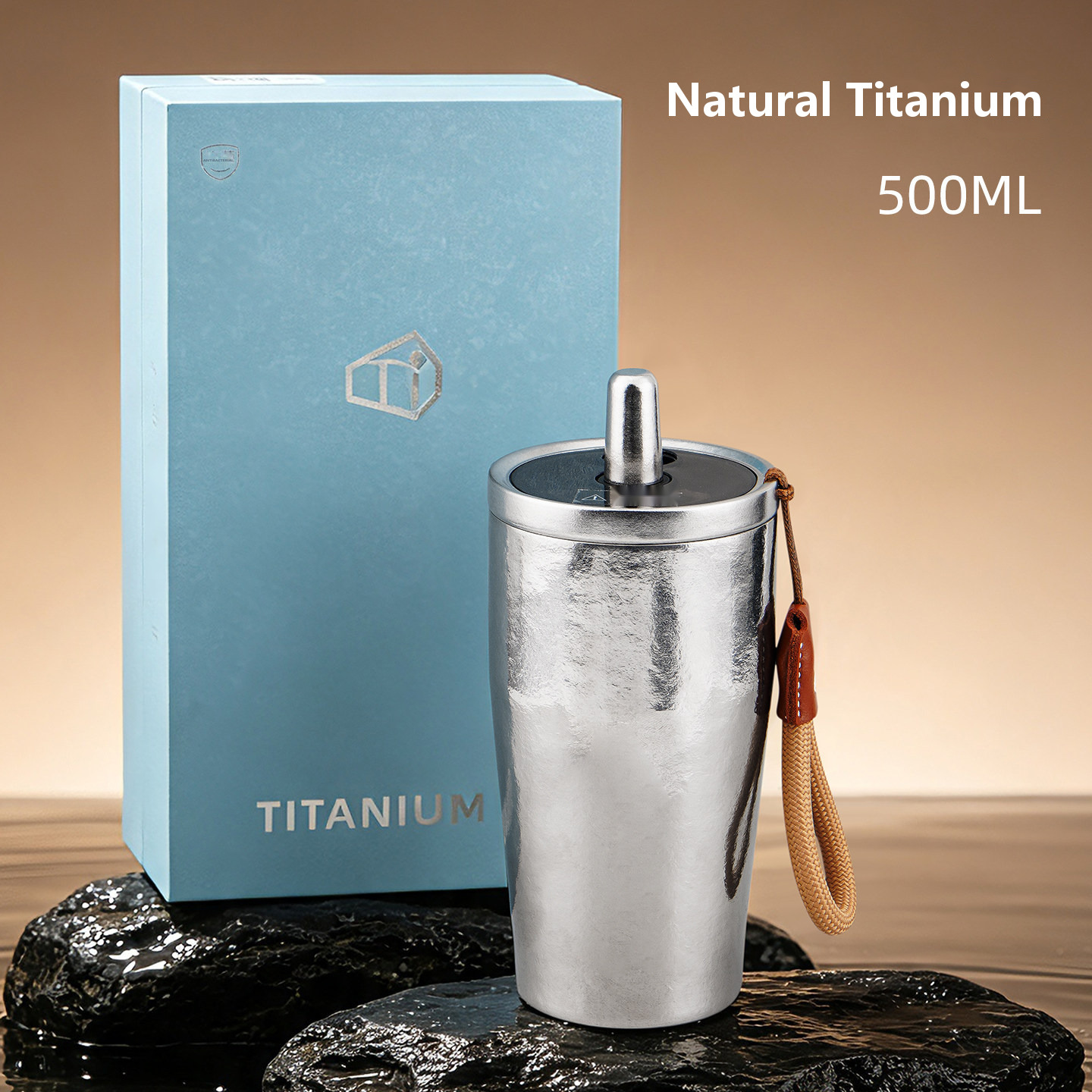 OEM Private Label Titanium Straw Tumbler 500ml Ripple Finish with Leather Strap for Hotel Gift Shops and Resort Gift Buyers