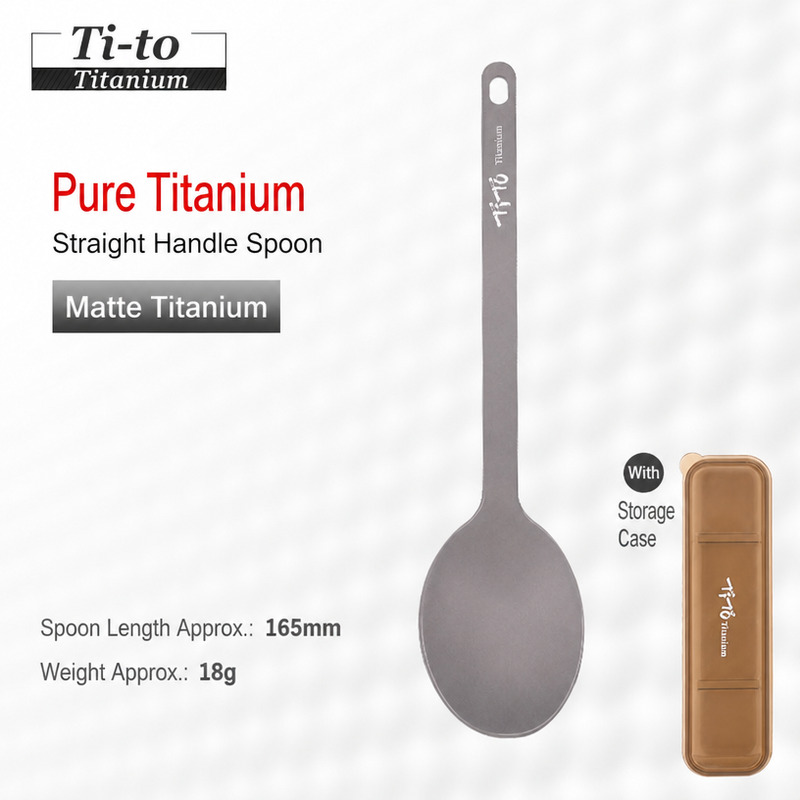 Matte titanium 1.5 mm long-handle camping spoon, a single piece listed for holiday let kitchens and guest house pantries