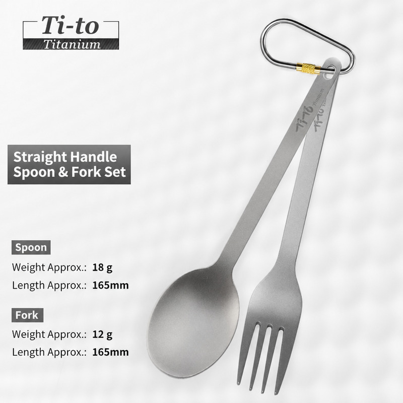 Grade 1 Titanium Camping Cutlery Set 165mm 1.5mm Stock Free Carabiner for Wild Camp Kitchen Swap Meets and Trailhead Diners