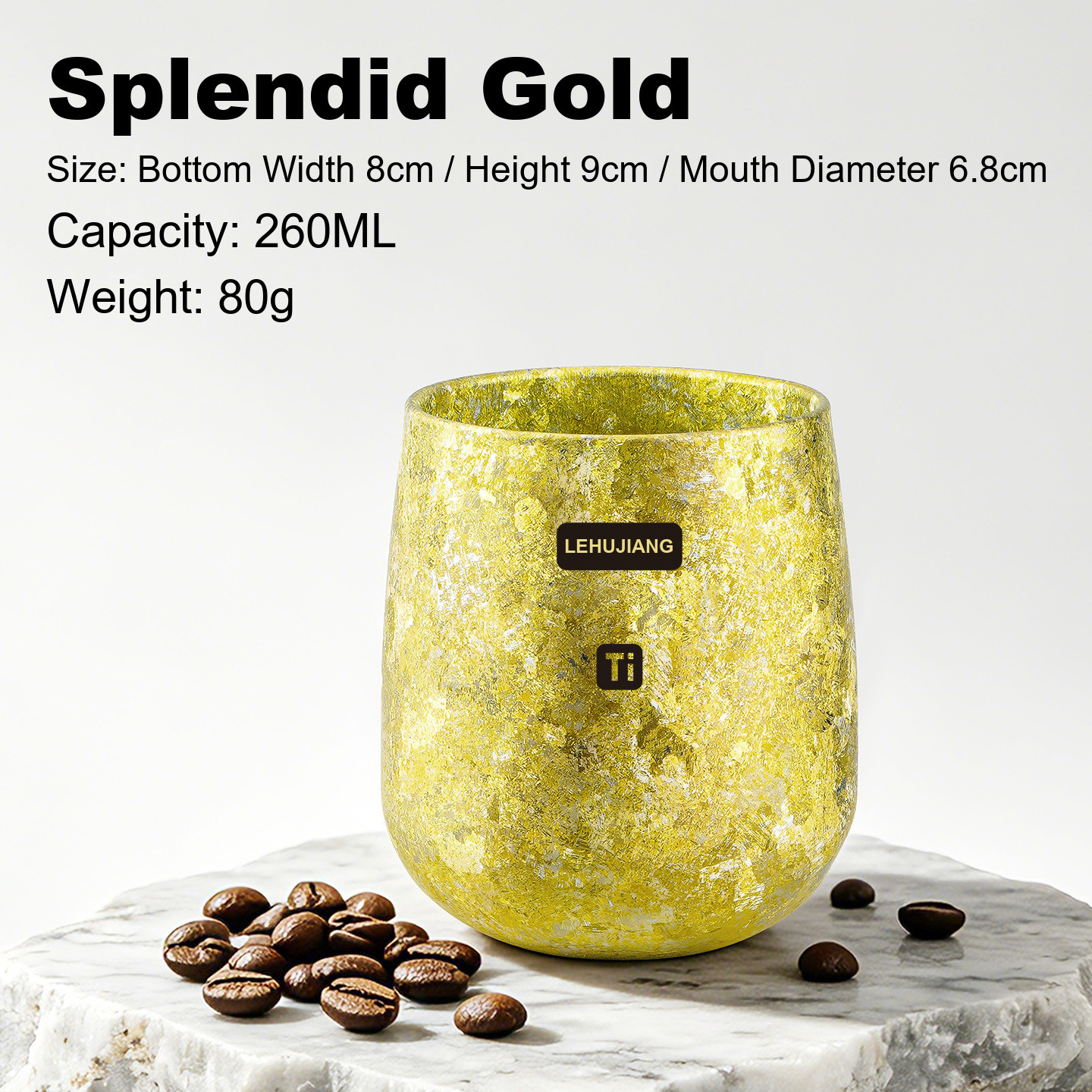 Double Wall Egg-Shaped Titanium Tumbler 260ml Ice Flower Gold for Micro-Roastery Retail Shelves and Coffee Cupping Rooms