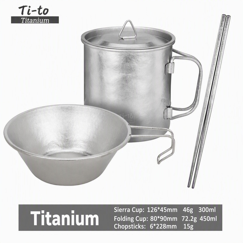 Titanium Cutlery Set Chopsticks 6x228mm 15g Folding Cup 80x90mm 450ml Sierra Bowl 126x45mm 300ml Natural Raw Camp Meal Set