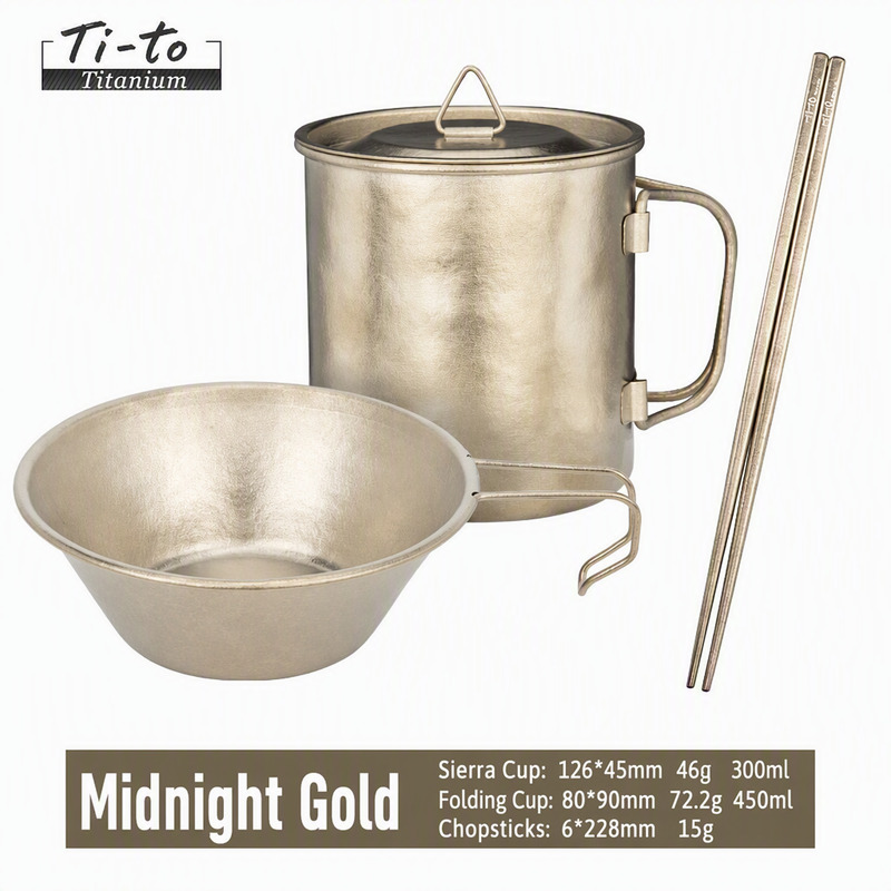 Titanium Cutlery Set 3 Piece Midnight Gold Chopsticks 228mm 15g Folding Cup 80x90mm 450ml Sierra Bowl 300ml Ice Flower Frost