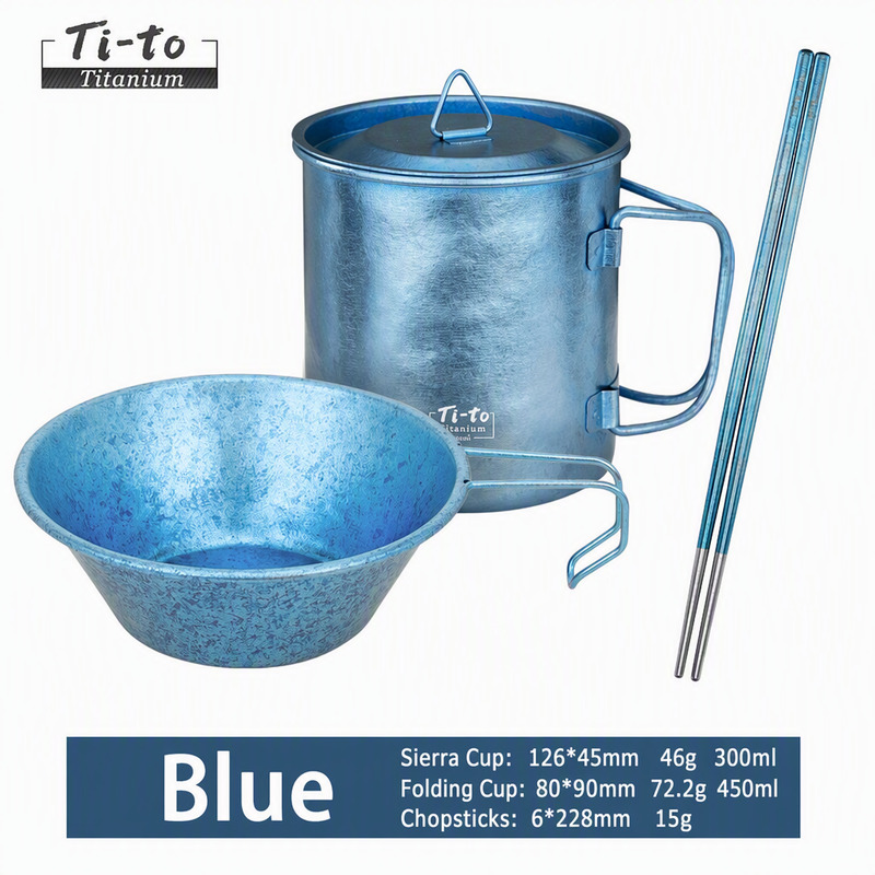Titanium Camp Tableware Bundle Glacier Blue Chopsticks 3 in 1 Mug 450ml Bowl 300ml Set for Weekend BBQ and Bento Lunches