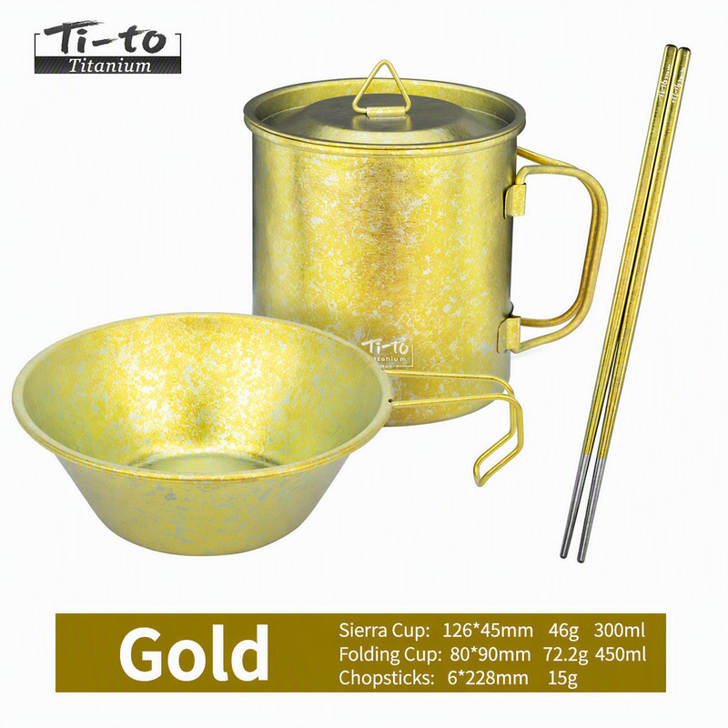 Titanium Camp Tableware Suite Champagne Gold Chopsticks Mug 450ml Sierra Bowl 300ml for Campfire Rice Bowls and Hot Coffee