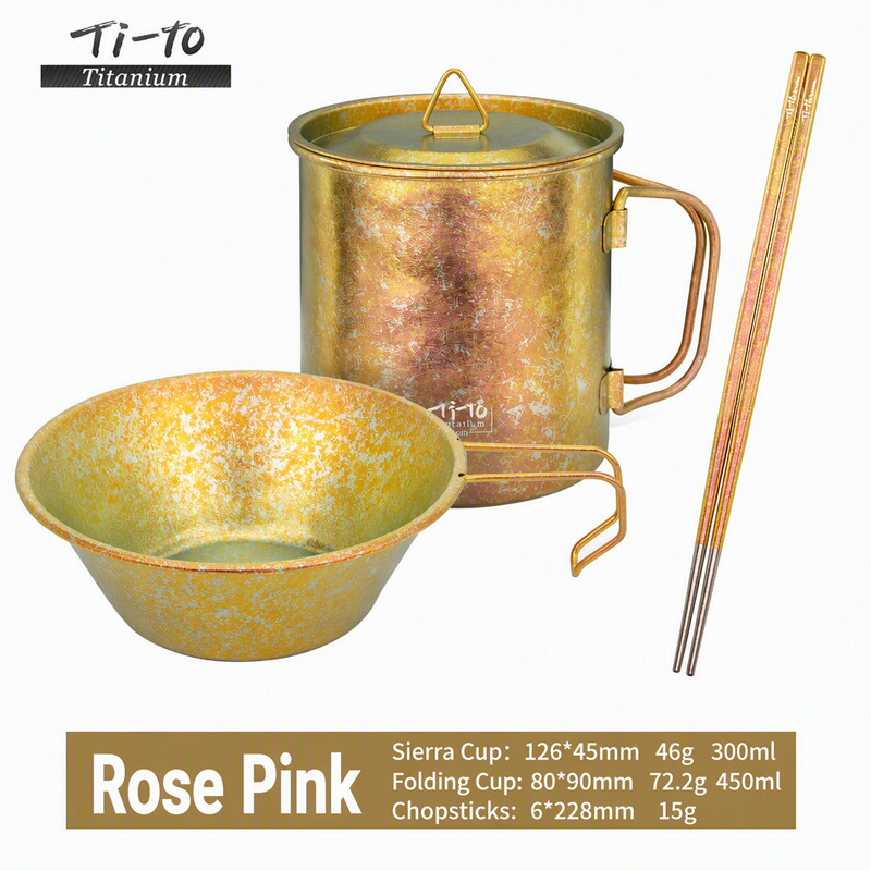 Pure Titanium 3 Piece Mess Set Rose Blush Ice Flower Chopsticks 15g Swing Handle Mug 72.2g 450ml Sierra Bowl 126mm 46g 300ml
