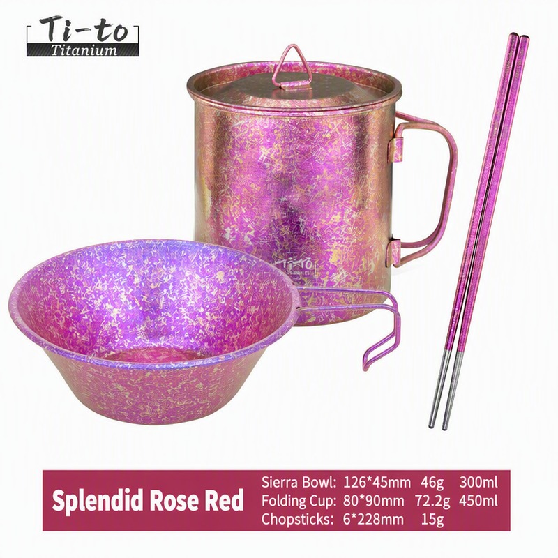 Titanium Basecamp Tableware Set Magenta Rose Ice Flower Chopsticks Fold Out Mug 450ml Sierra Bowl 300ml for Coastal Camping