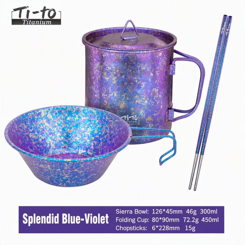 Twilight violet anodised titanium tableware set with chopsticks, a 450 ml mug and a Sierra bowl, listed for wholesale bulk supply