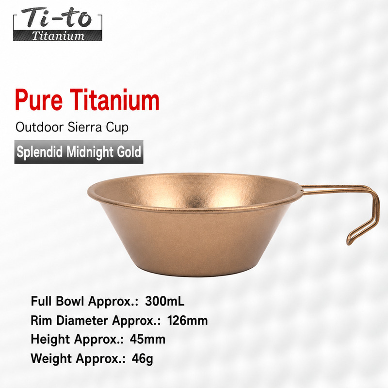 Anodized Titanium Sierra Cup 300ML Midnight Gold, Crystal Grain 46G Glamping Coffee Bowl, Pigment-Free Camper Gift, OEM Bulk