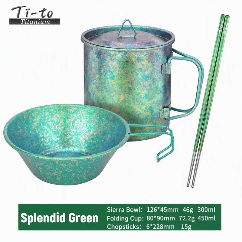 Pure Titanium 3 Piece Ranger Kit Mint Green Ice Flower Chopsticks 15g Cup 80mm 72.2g 450ml Sierra Bowl 126mm 46g 300ml
